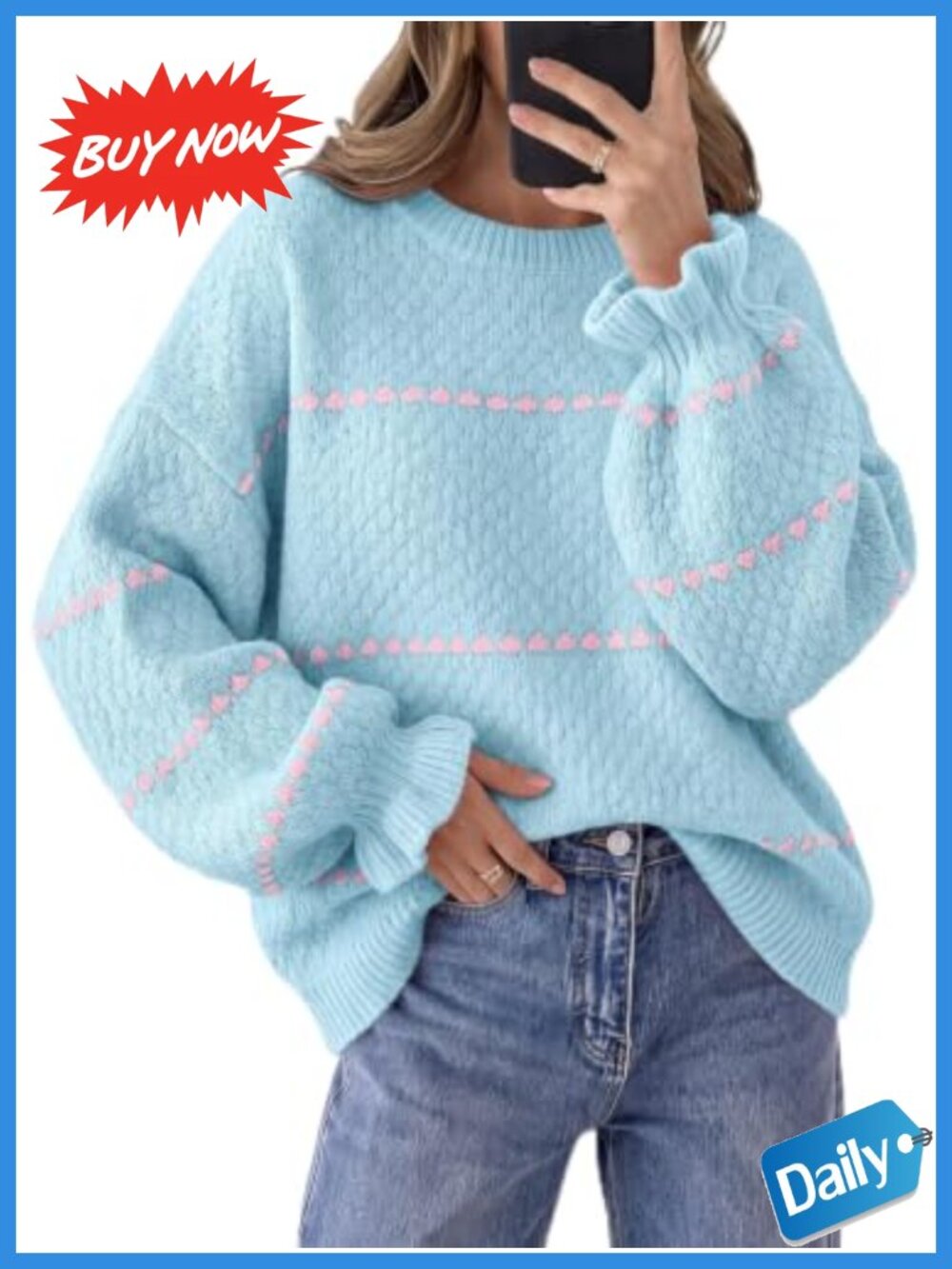Womens Ruffle Heart Sweater Oversized Chunky Knit Pullover